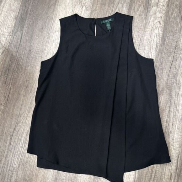 NWT‎ Ralph Lauren Black Sleeveless Split Pleated Blouse Medium Corporate Goth - Picture 1 of 9